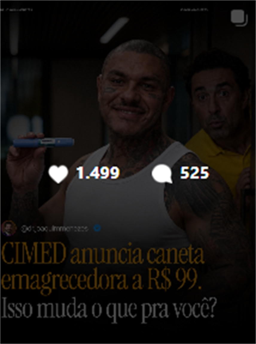Print de peça publicada de Dr. Joaquim Menezes sobre anúncio de caneta emagrecedora a preço popular, com 1.499 curtidas.