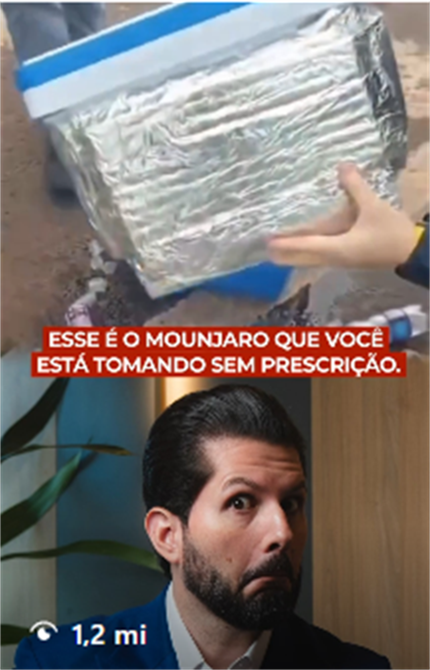 Print de peça publicada de Dr. Joaquim Menezes sobre alerta sobre uso de Mounjaro sem prescrição, com 1,2 mi visualizações.